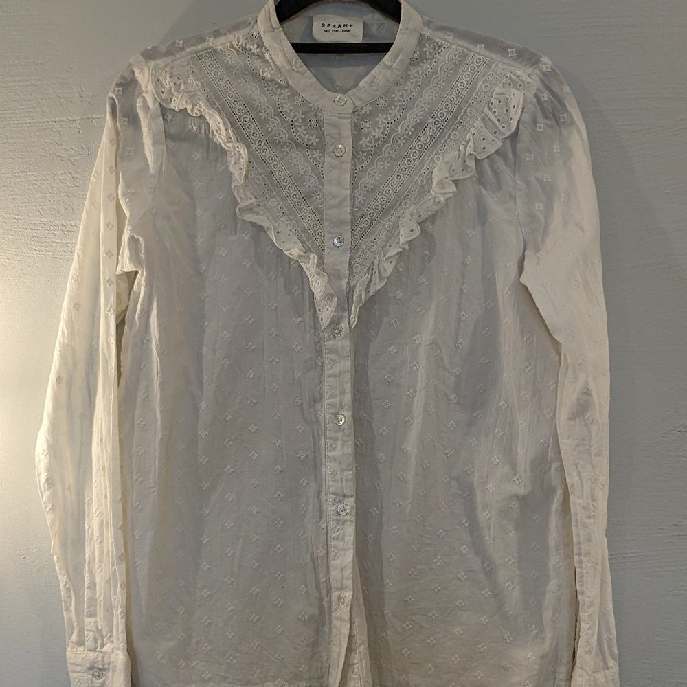 Sezane White Ruffle Button Down Blouse